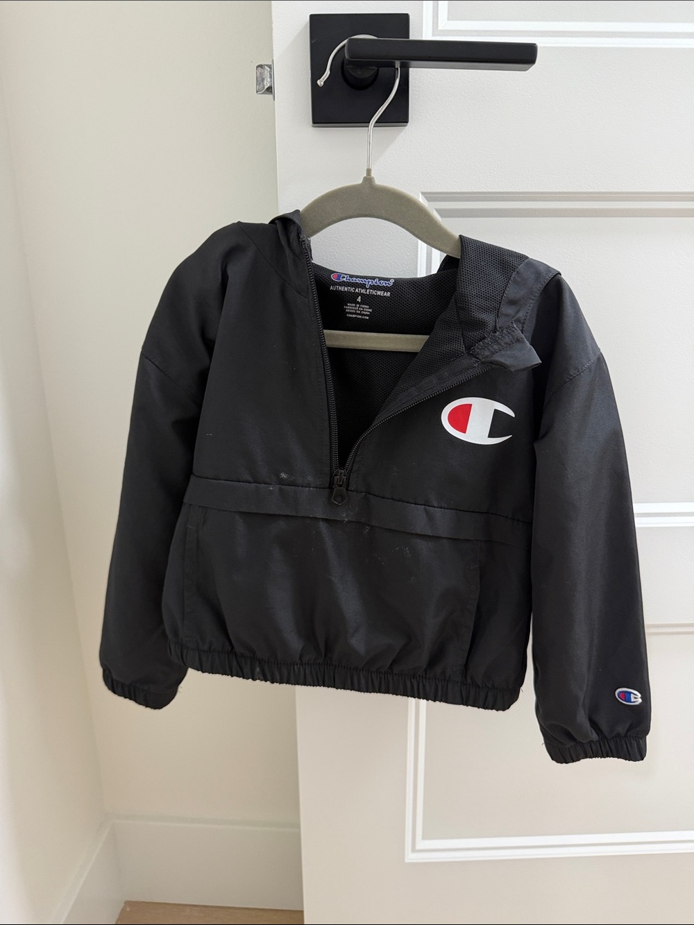 Champion Black Hooded Pullover Rain Jacket with Logo